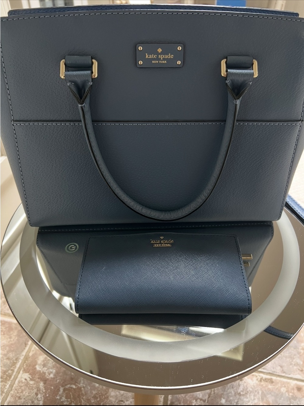 kate spade navy leather satchel with matching wallet